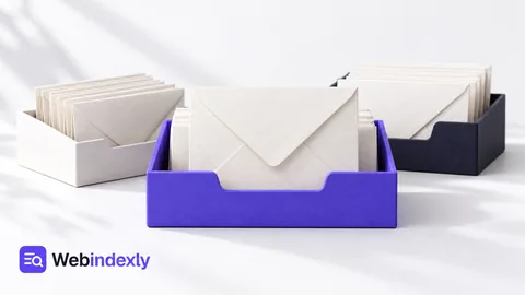 Envelopes organized in white, violet and dark mail trays.