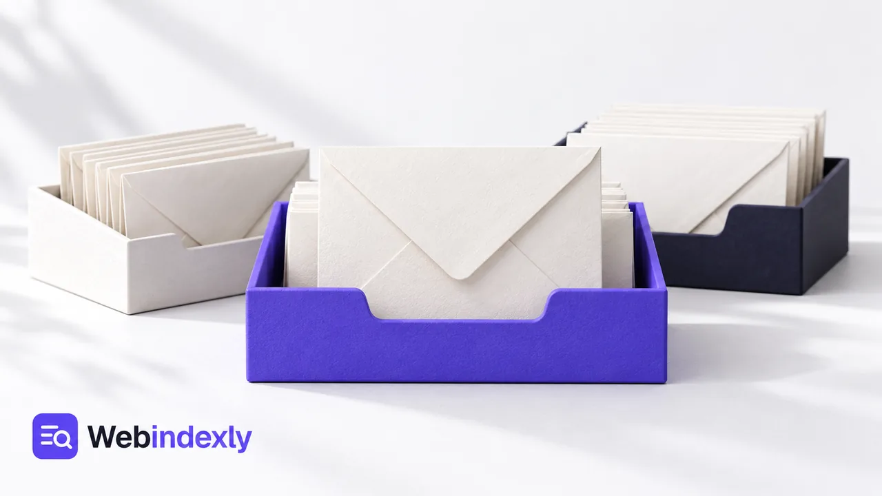 Envelopes organized in white, violet and dark mail trays.