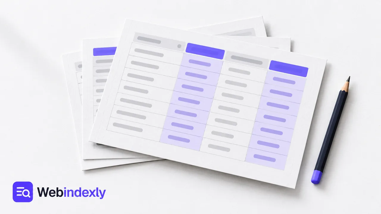 Layered spreadsheet sheets with violet highlighted cells and a pencil.