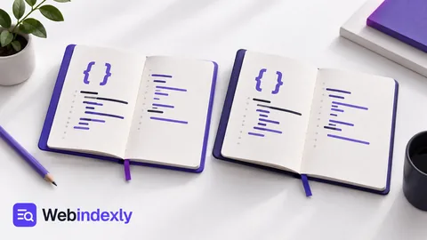 Two open code notebooks with violet braces and shared editing patterns.