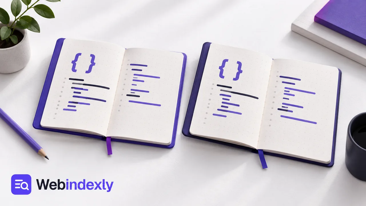 Two open code notebooks with violet braces and shared editing patterns.