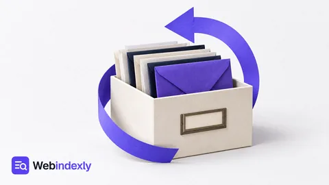 An archive box of envelopes with a curved violet restore arrow.