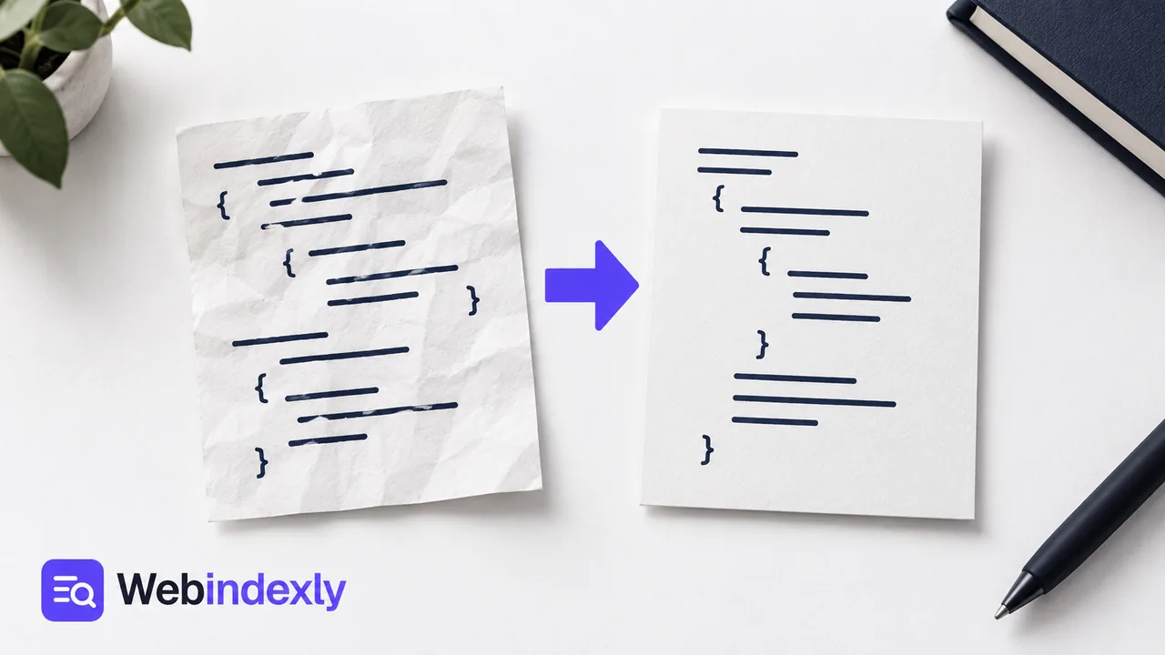 A crumpled code page and arrow leading to a neatly indented paper page.