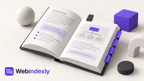 An open technical handbook built from stacked white pages and violet navigation tabs, compact charcoal page markers.
