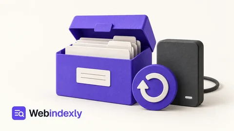 A protective violet archive case with white folders, charcoal external drive and circular backup arrow.