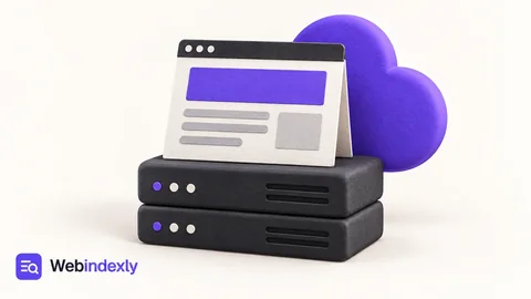 A small static HTML page placed atop sculptural hosting platforms, violet cloud edge and charcoal server blocks.