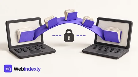 Two computers linked through a sculptural violet bridge carrying folded paper folders, a tiny charcoal lock between.