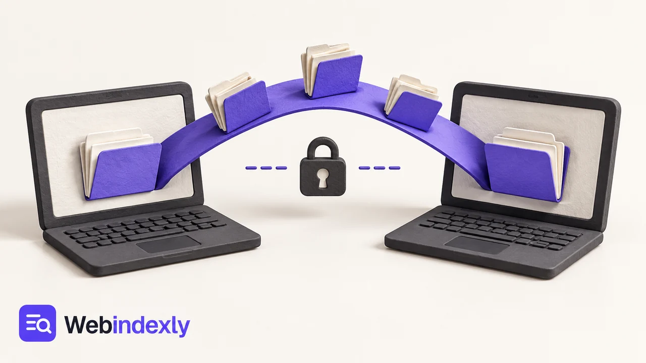Two computers linked through a sculptural violet bridge carrying folded paper folders, a tiny charcoal lock between.