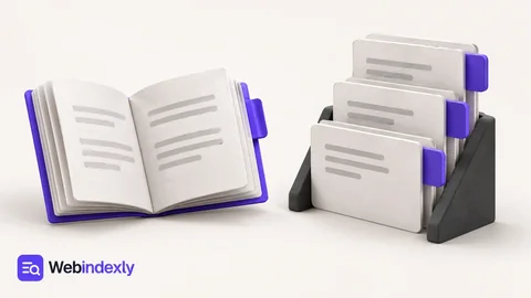 A simple paper book and a modular documentation structure facing each other, violet section tabs and charcoal supports.