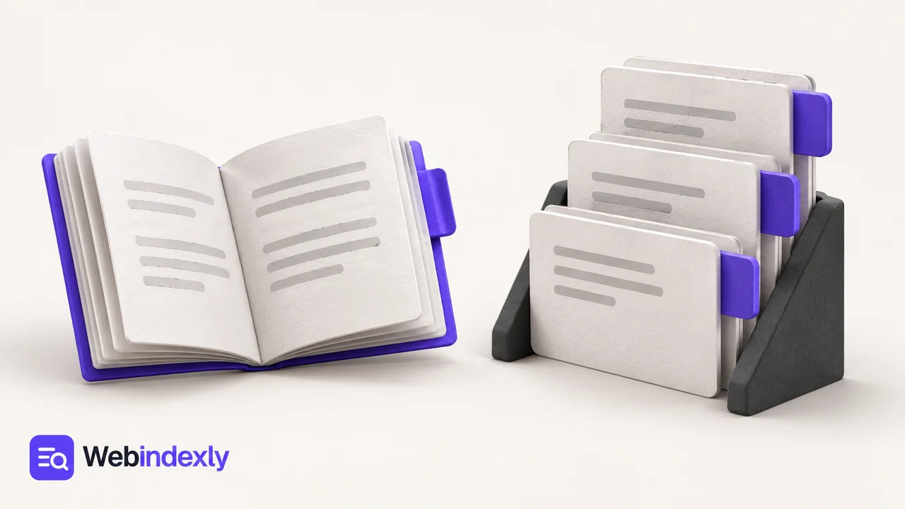 A simple paper book and a modular documentation structure facing each other, violet section tabs and charcoal supports.