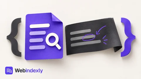 A structured violet match panel beside an annotated charcoal text ribbon, separate paper bracket shapes.