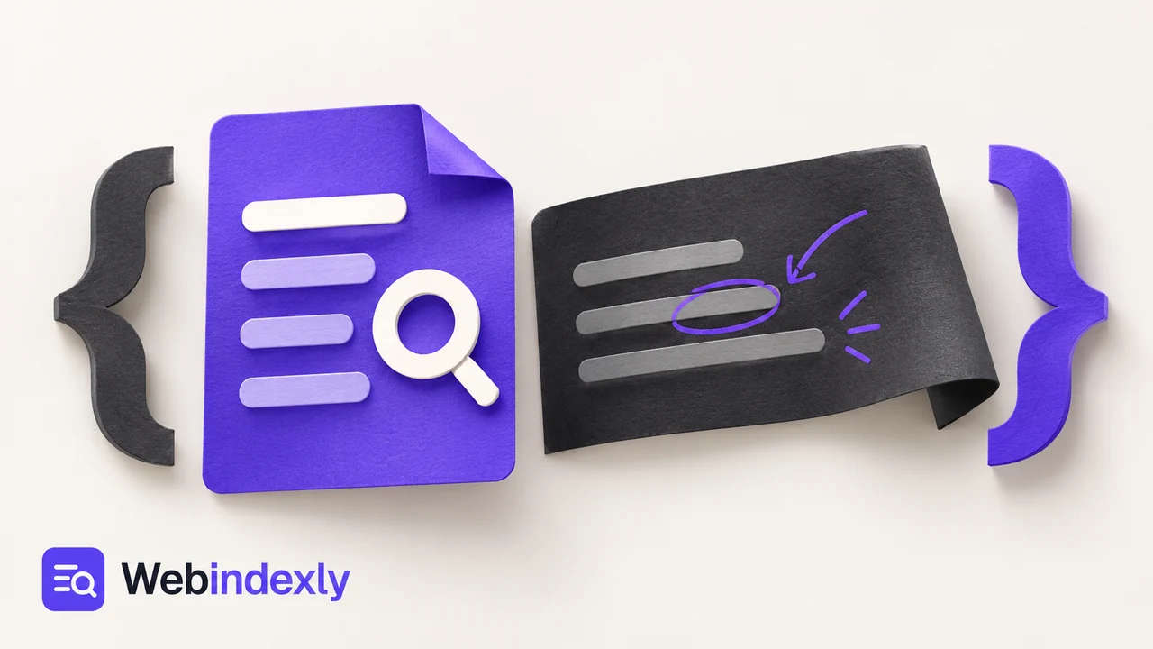A structured violet match panel beside an annotated charcoal text ribbon, separate paper bracket shapes.