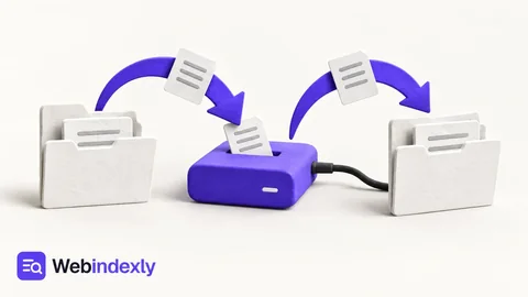 A white folder copied into a violet external drive, then a second folder restored along a curved paper arrow.