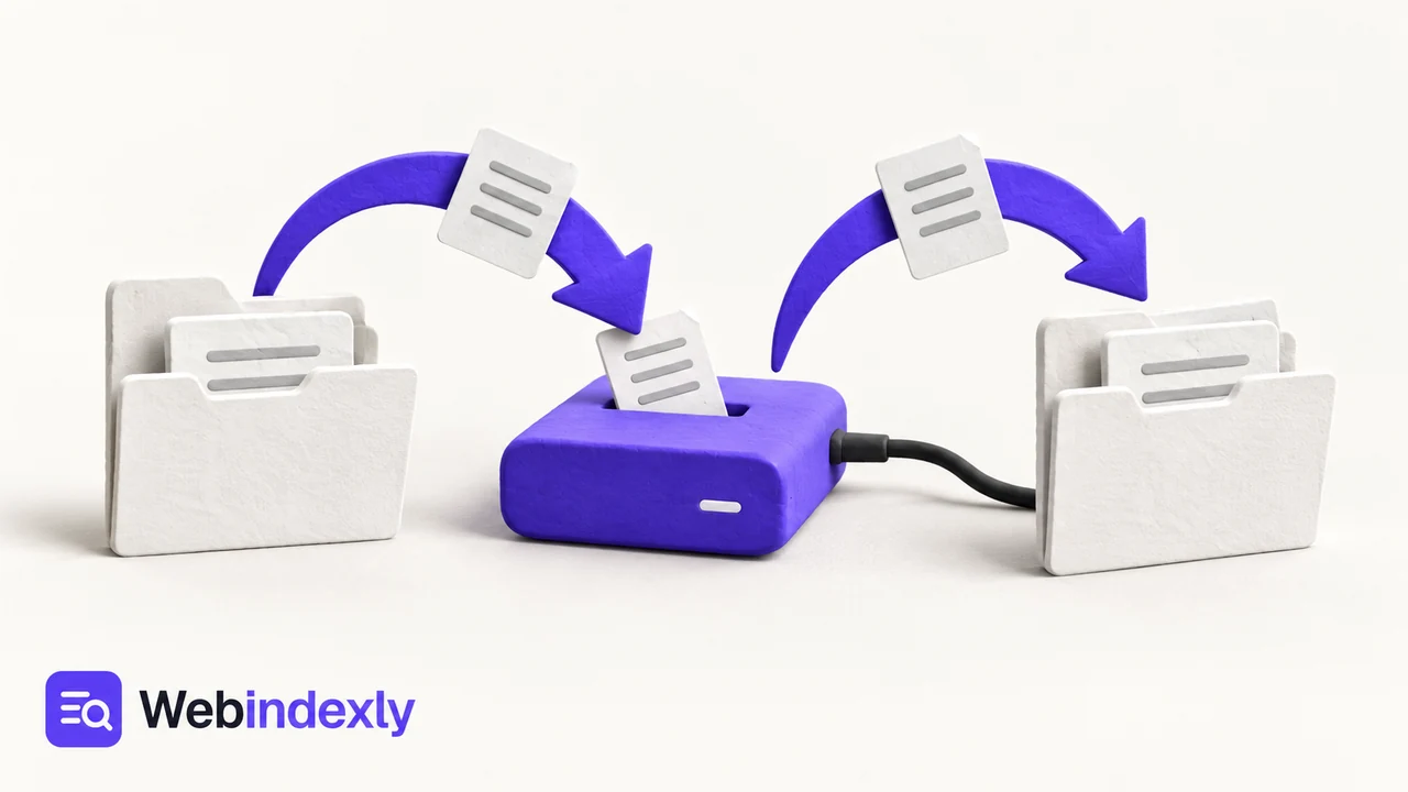 A white folder copied into a violet external drive, then a second folder restored along a curved paper arrow.