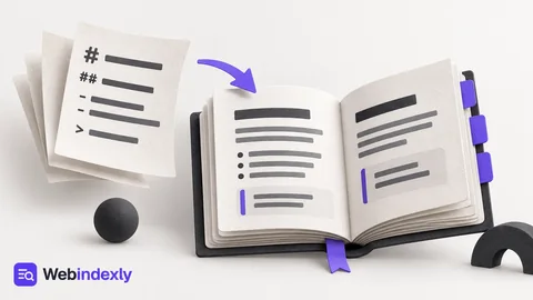 Markdown-like paper sheets becoming an open documentation book, violet chapter tabs and short charcoal content strips.