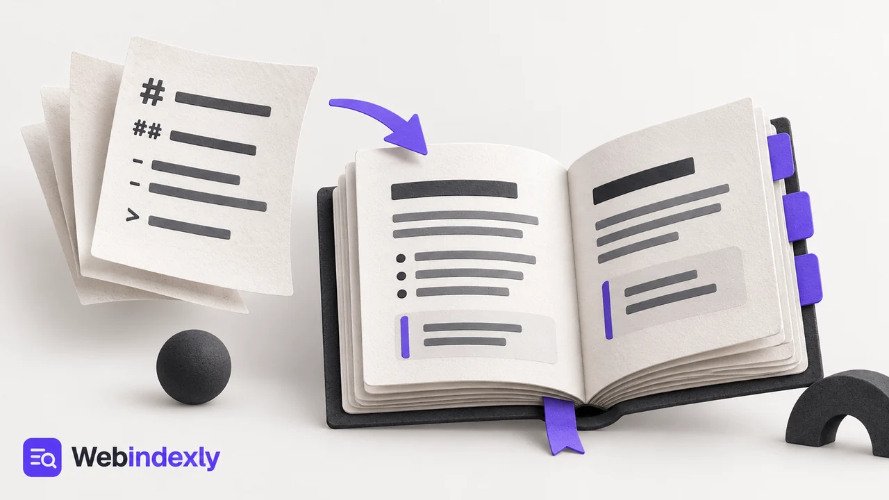 Markdown-like paper sheets becoming an open documentation book, violet chapter tabs and short charcoal content strips.