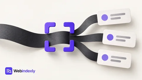 A charcoal log-text ribbon passing through violet capture brackets and separating into three neat white field cards.