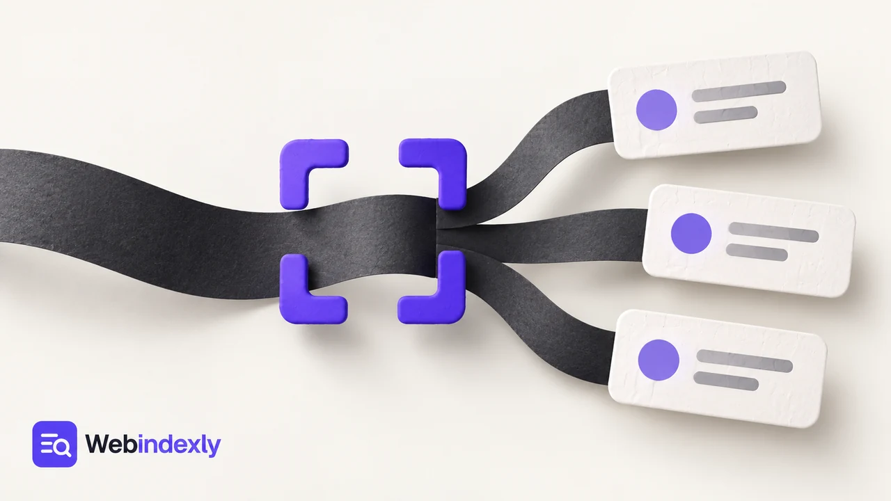 A charcoal log-text ribbon passing through violet capture brackets and separating into three neat white field cards.