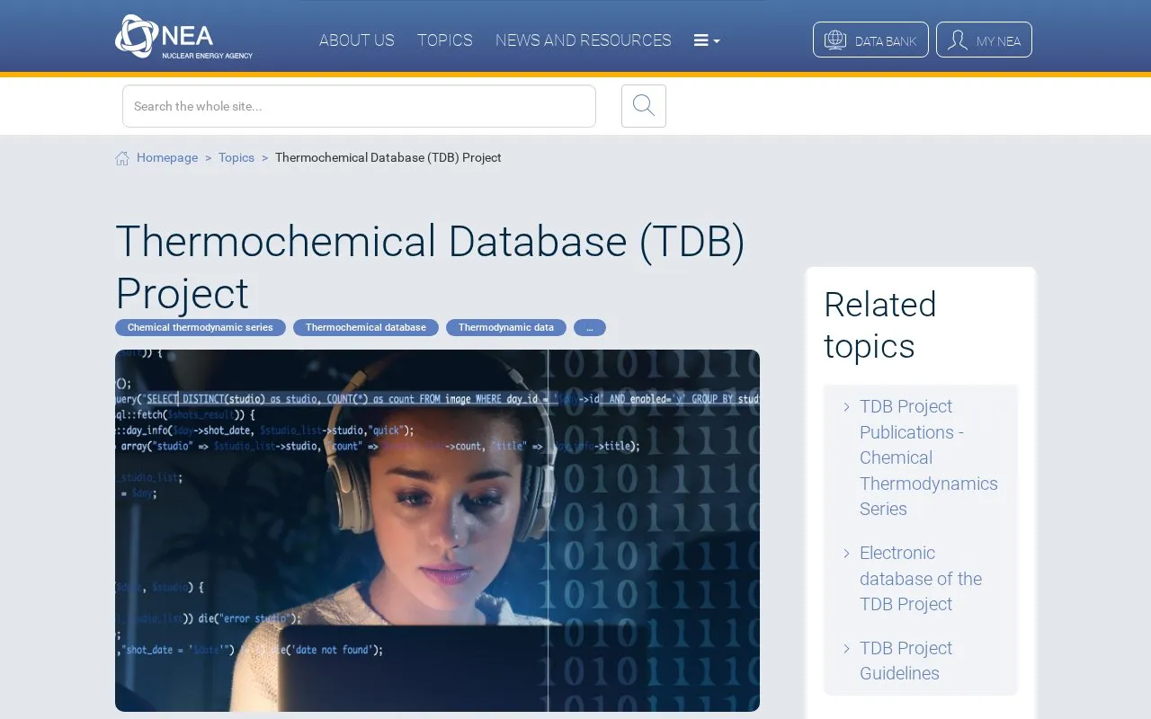 Thermochemical Database homepage screenshot