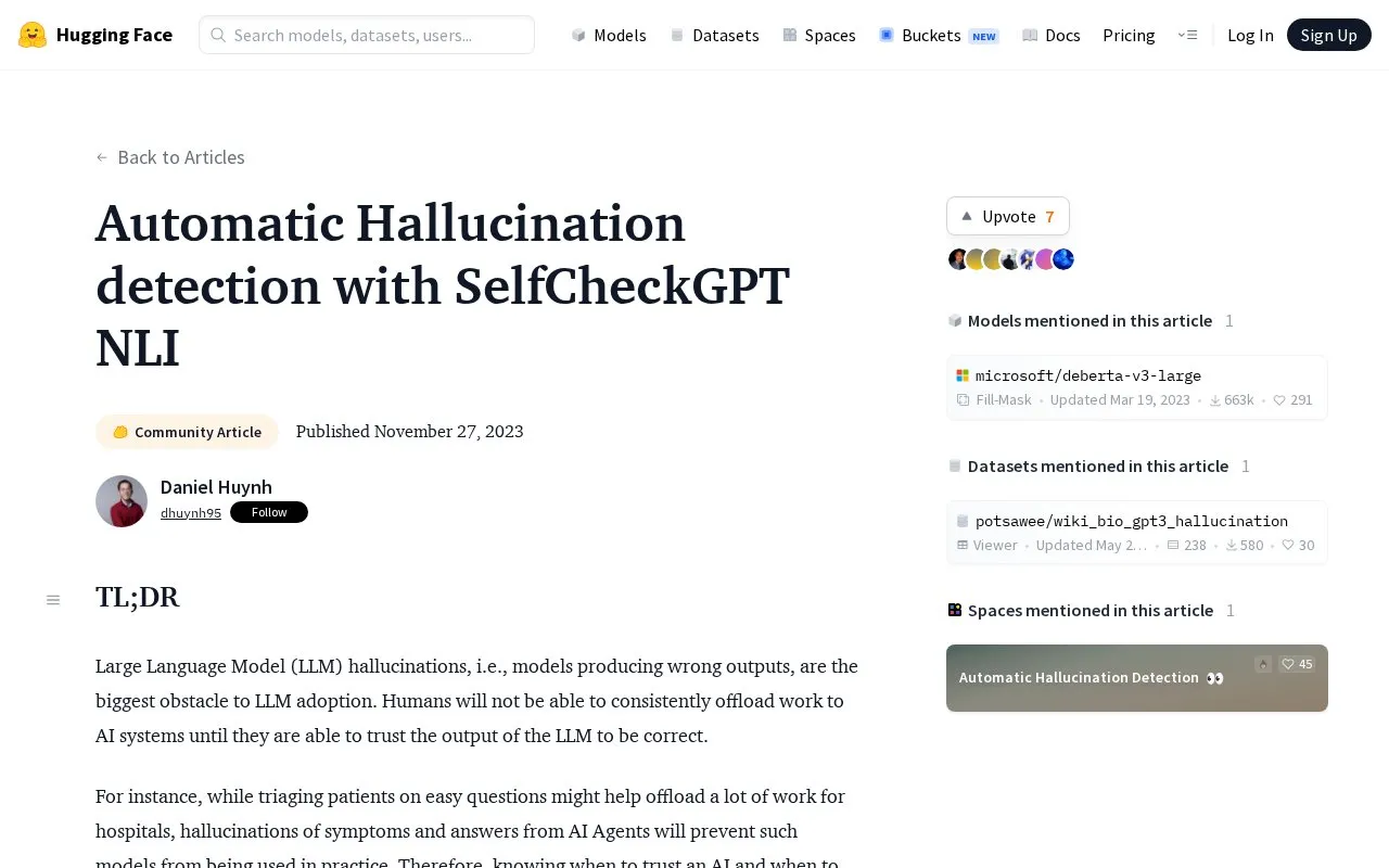 Automatic Hallucination detection with SelfCheckGPT NLI homepage screenshot
