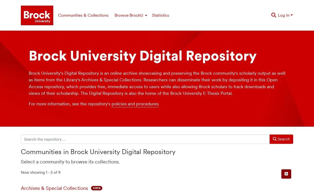 Brock University Digital Repository homepage screenshot