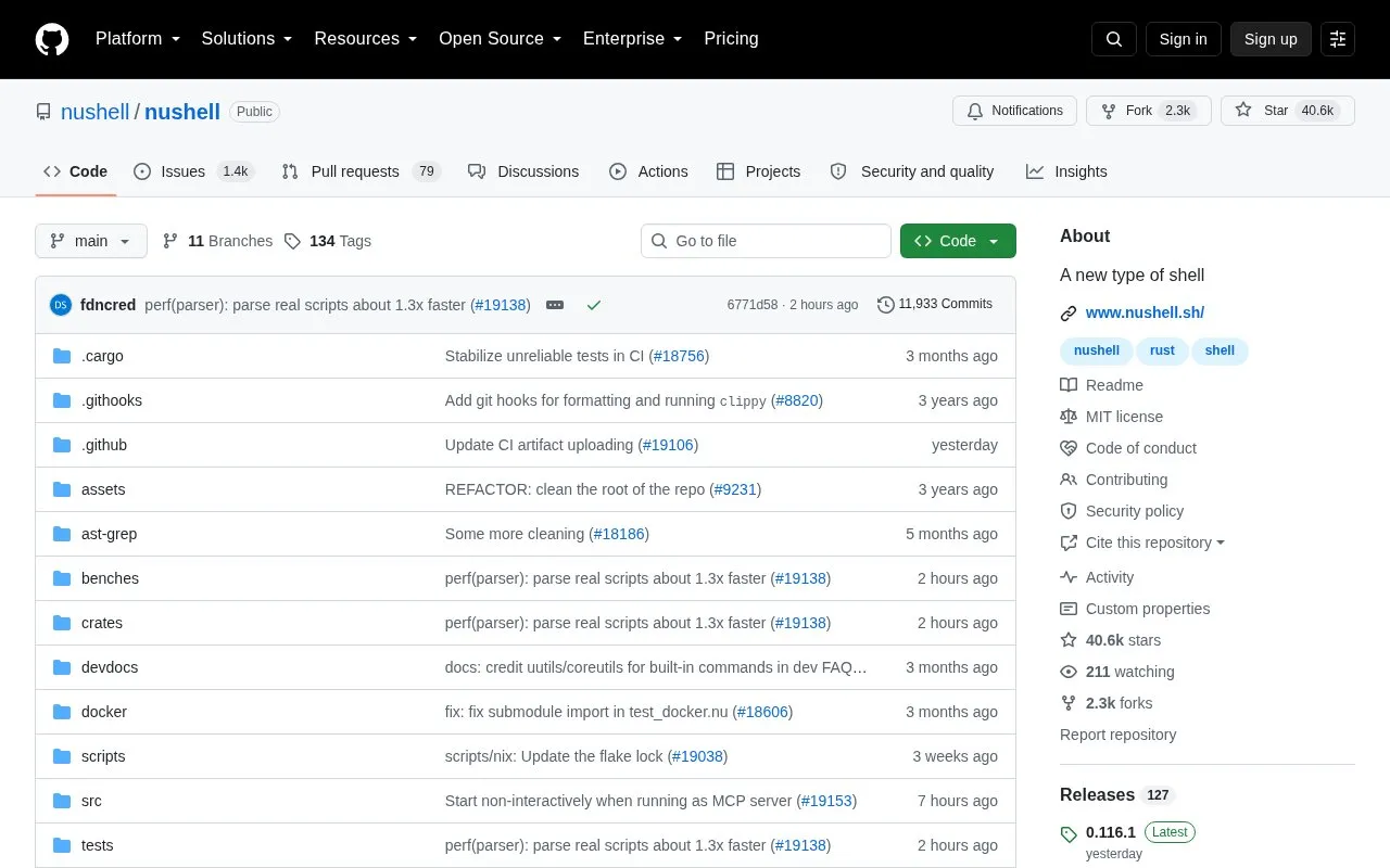 Nushell homepage screenshot