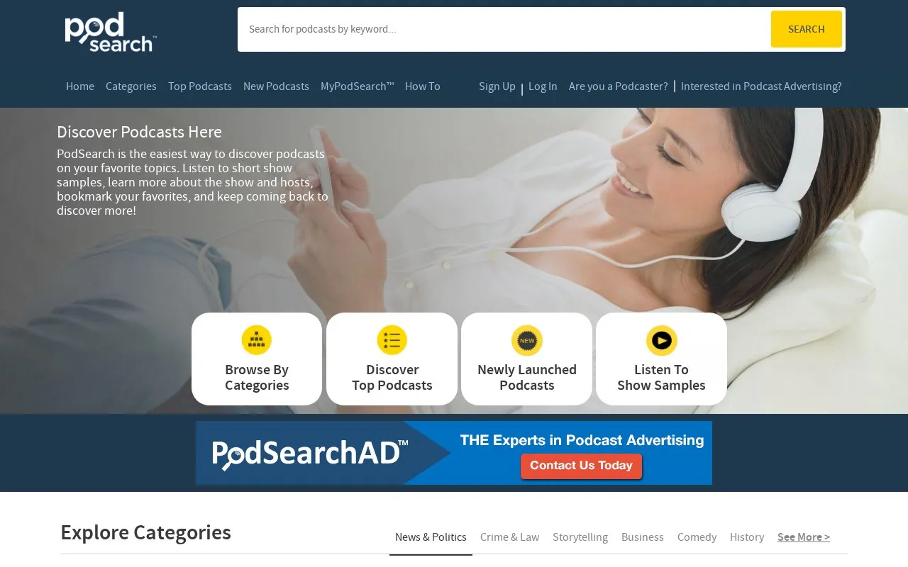 Discover Podcasts Here! homepage screenshot