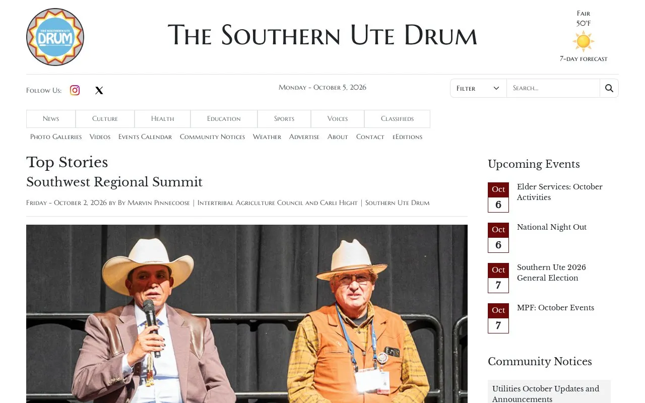 Southern Ute Drum homepage screenshot