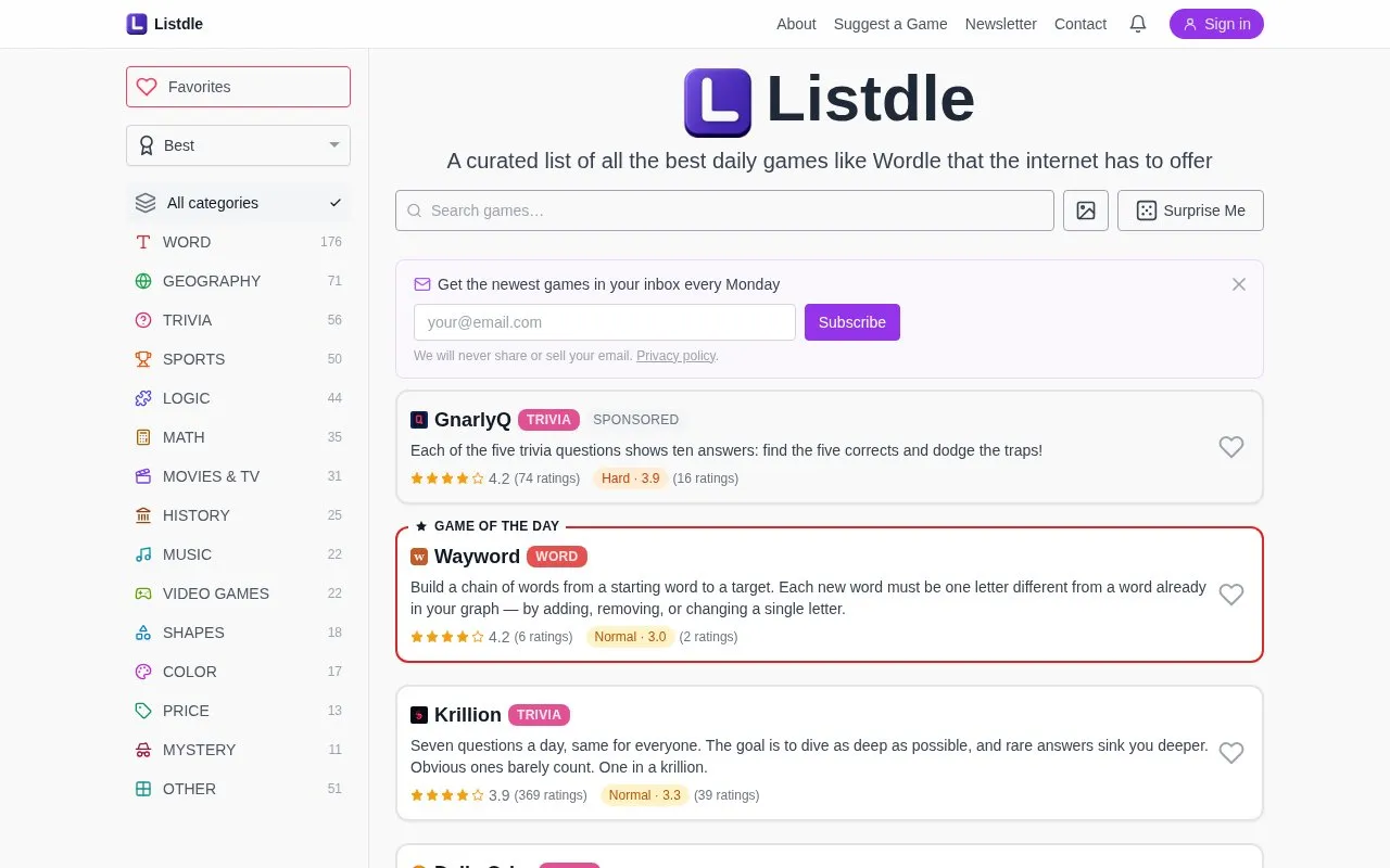 Listdle homepage screenshot