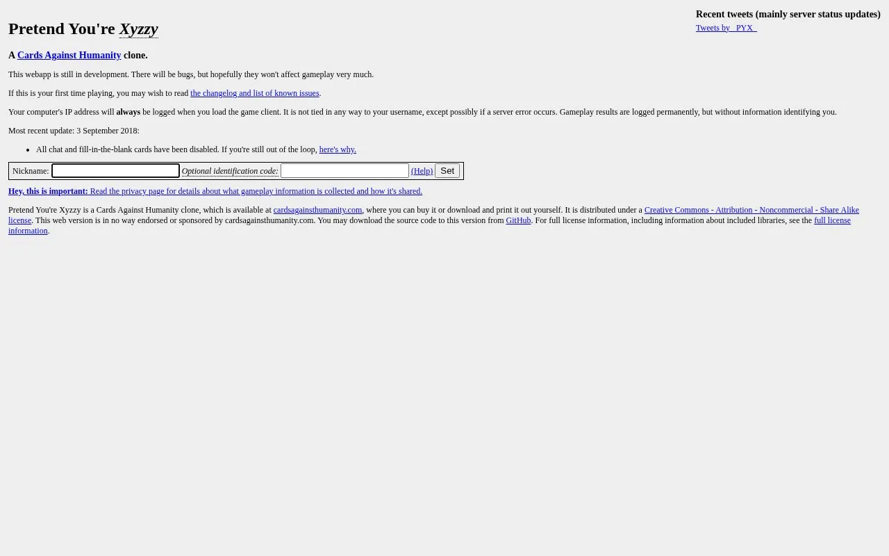 Pretend You're Xyzzy homepage screenshot