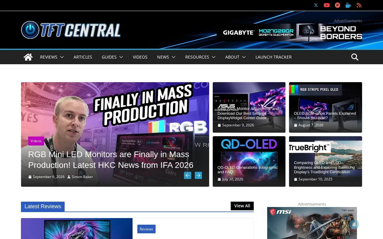 TFTCentral homepage screenshot