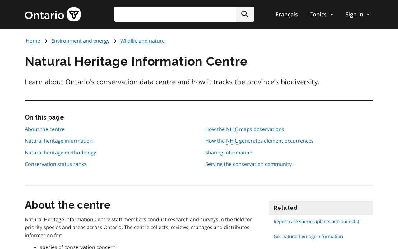 Natural Heritage Information Centre homepage screenshot