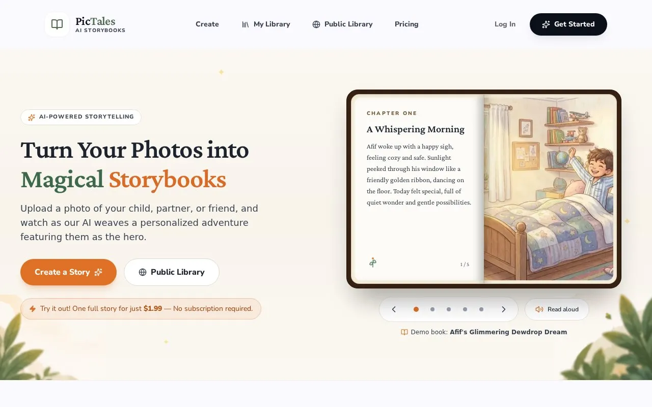 PicTales homepage screenshot