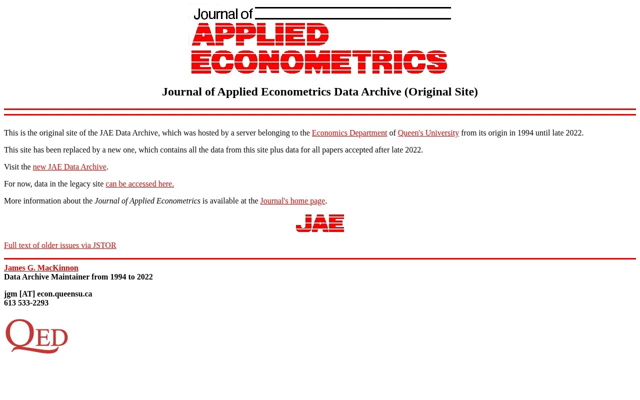 Journal of Applied Econometrics Data Archive homepage screenshot