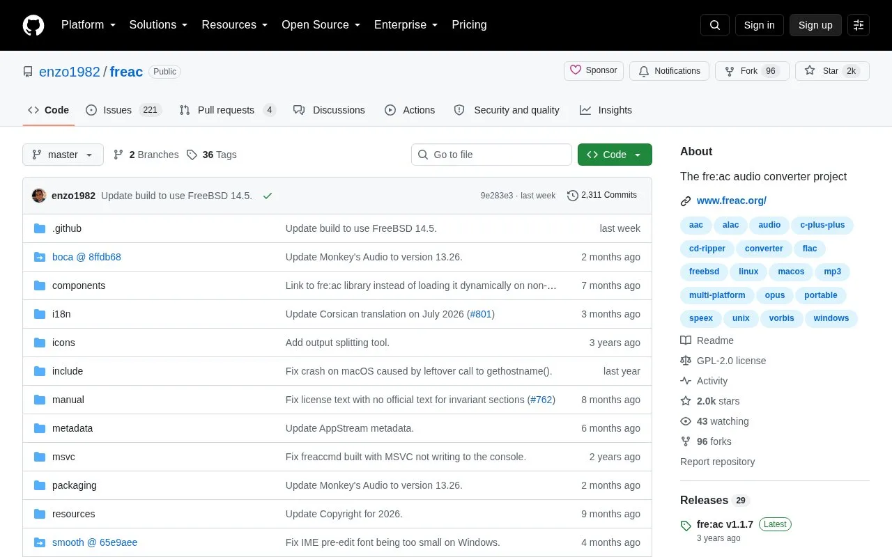 Freac homepage screenshot