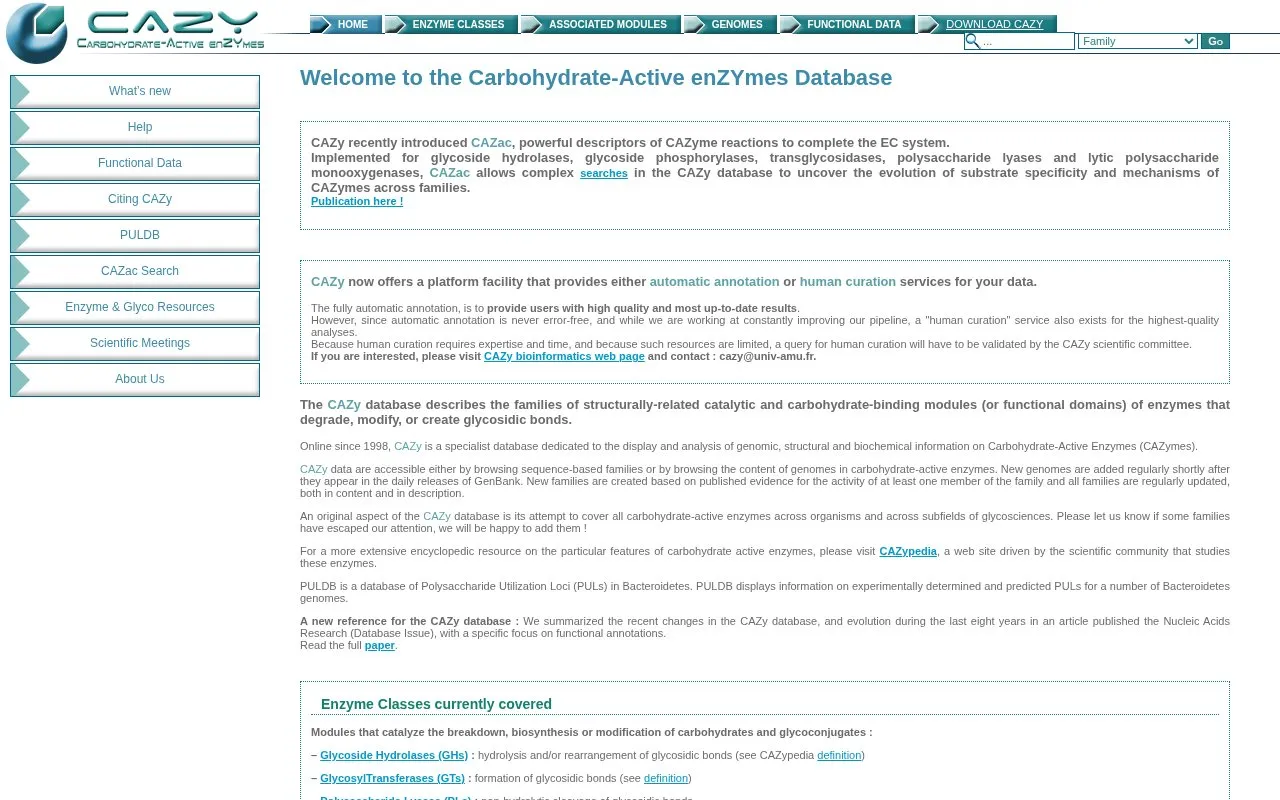 Carbohydrate-Active enZYmes Database homepage screenshot