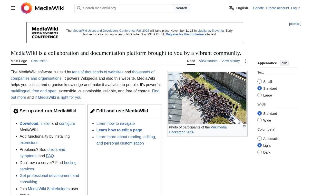 Media Wiki homepage screenshot