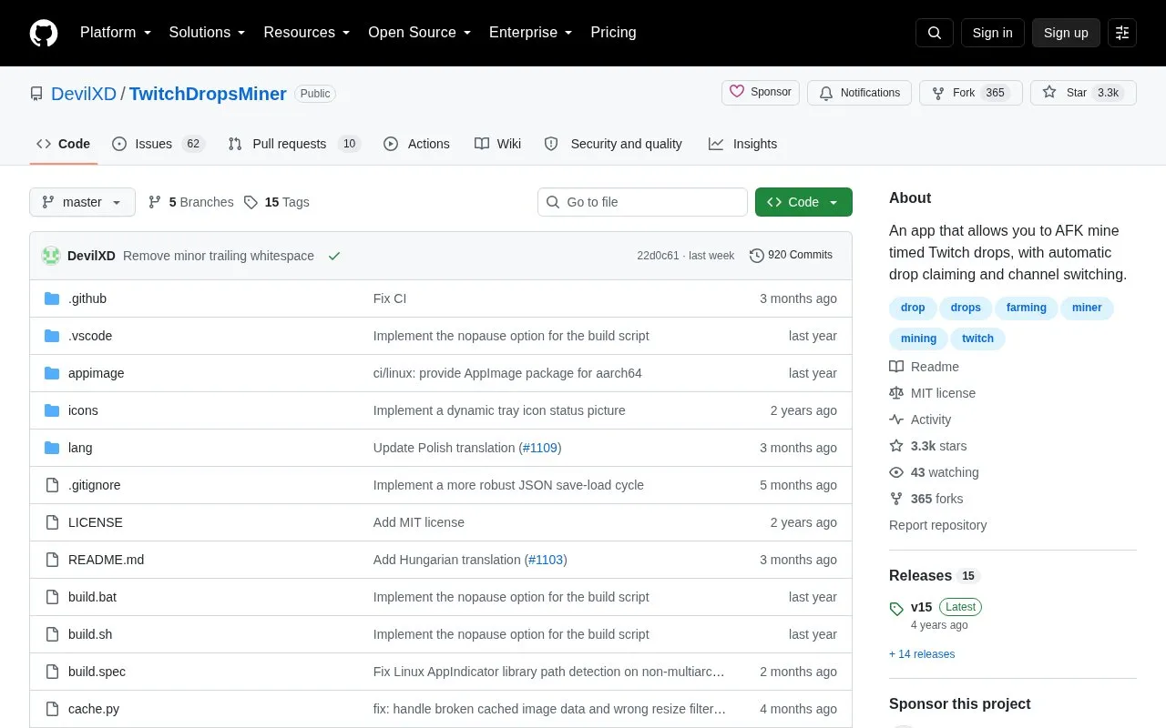 TwitchDropsMiner homepage screenshot
