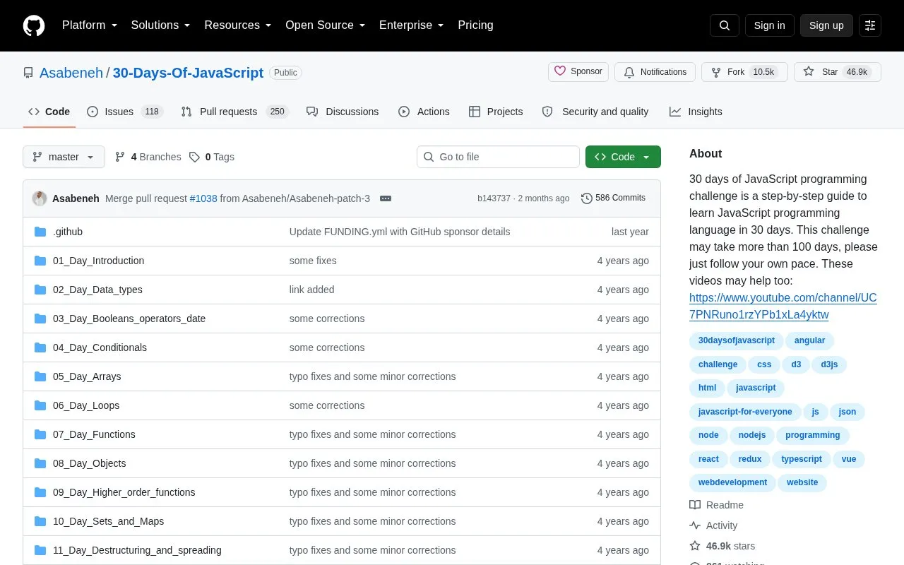 30 Days Of JavaScript homepage screenshot