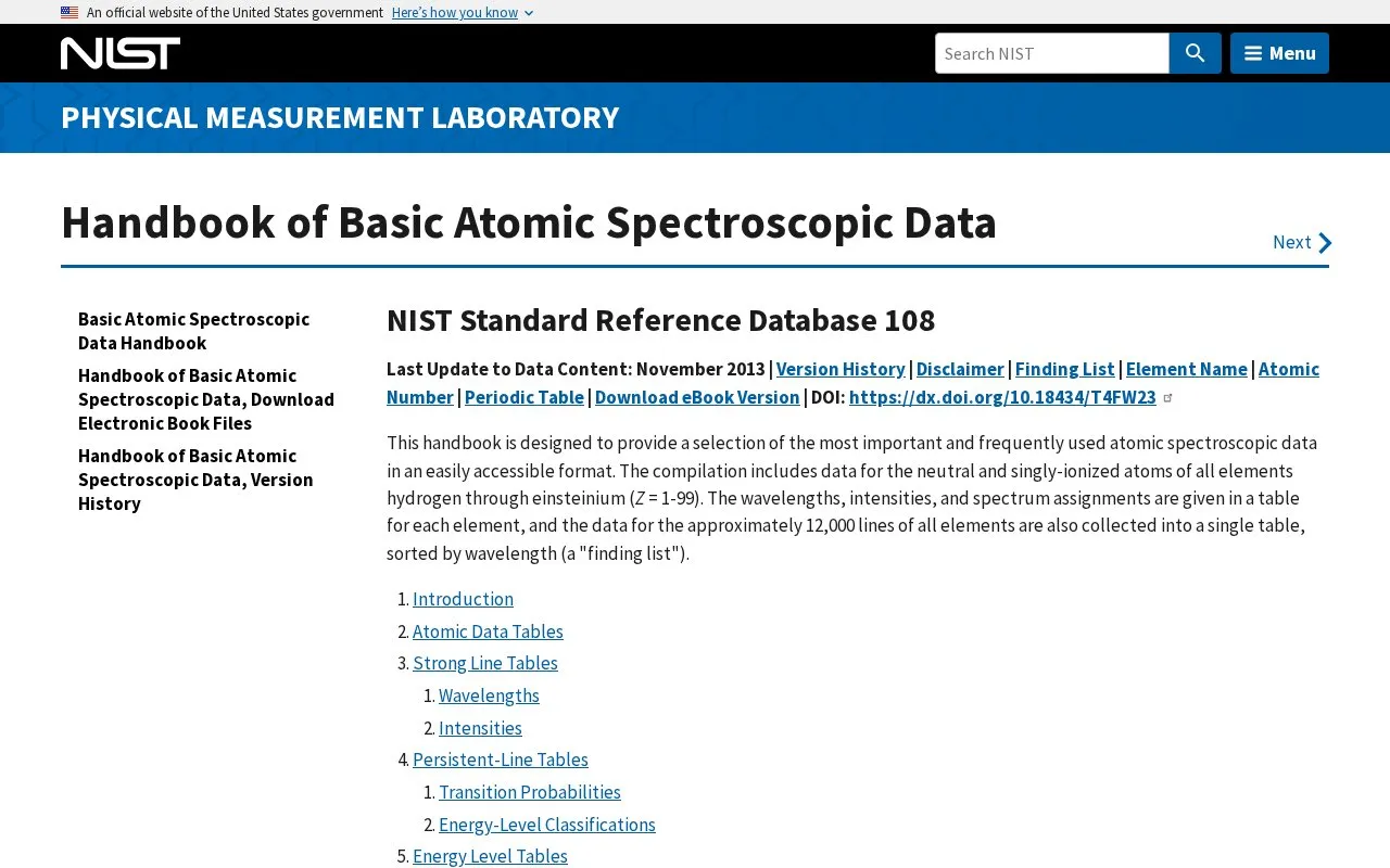 Handbook of Basic Atomic Spectroscopic Data homepage screenshot