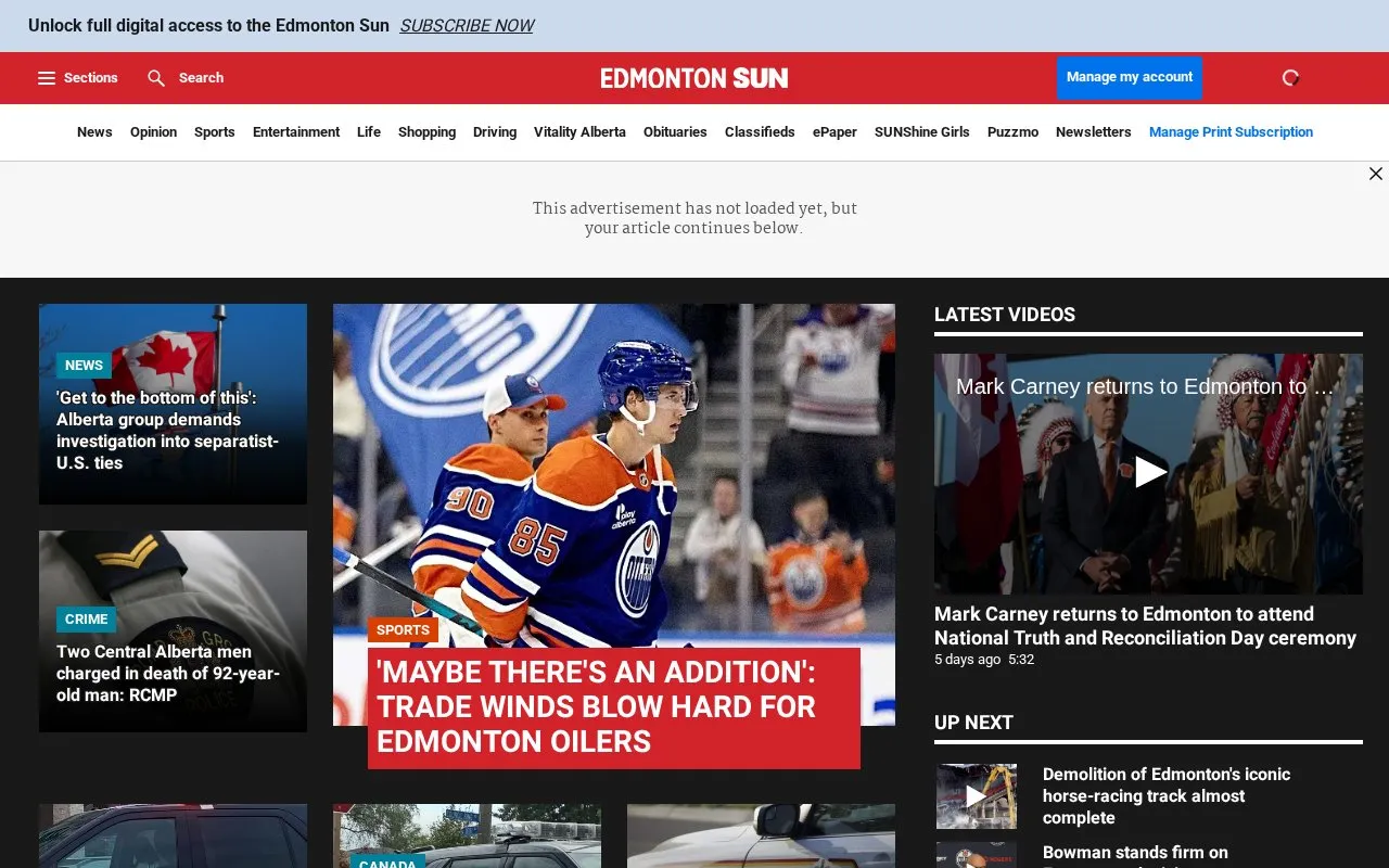 Edmonton Sun homepage screenshot