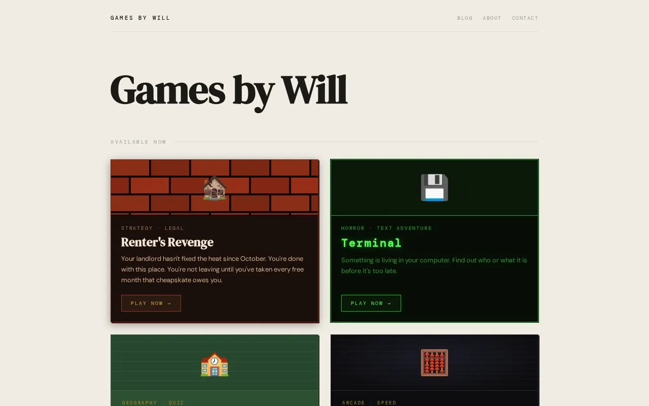 Games by Will homepage screenshot