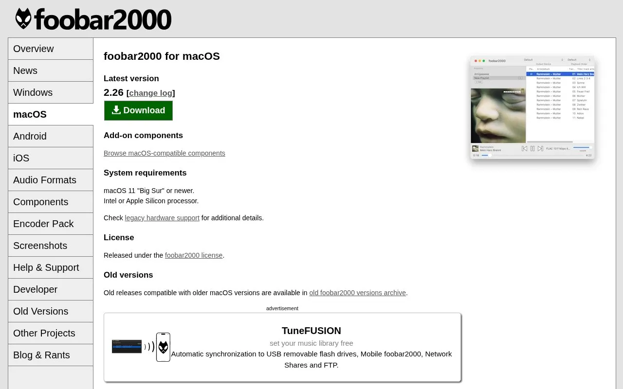 foobar2000 homepage screenshot