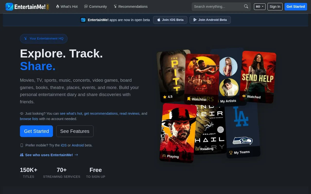 EntertainMe! homepage screenshot