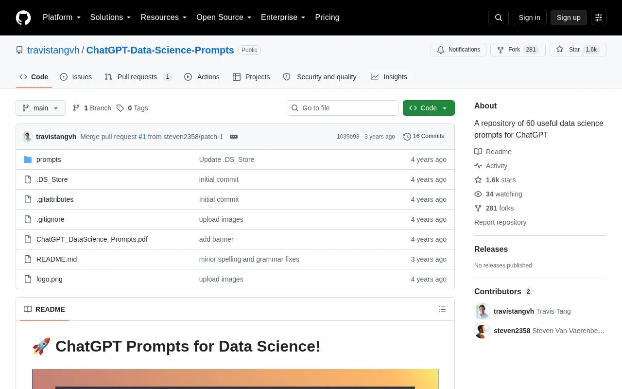 ChatGPT Prompts for Data Science homepage screenshot