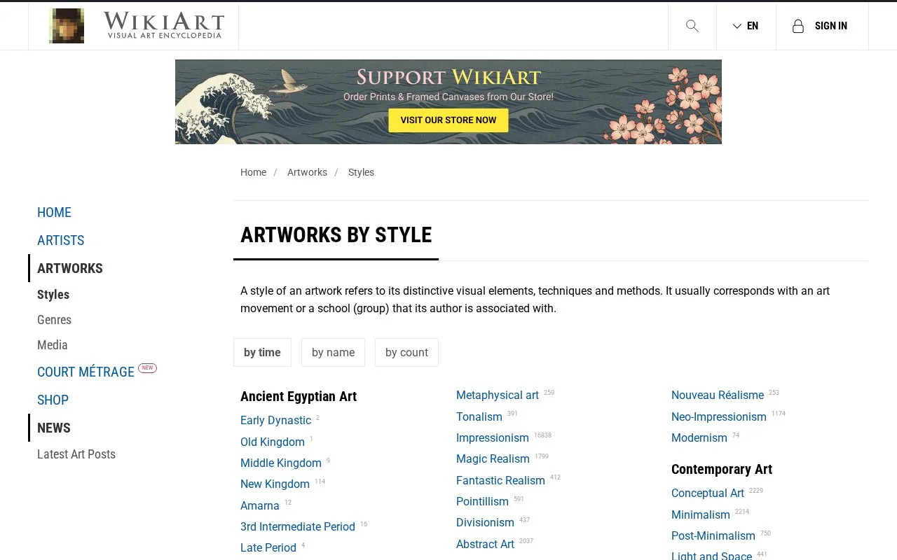 Paintings by Style on WikiArt homepage screenshot