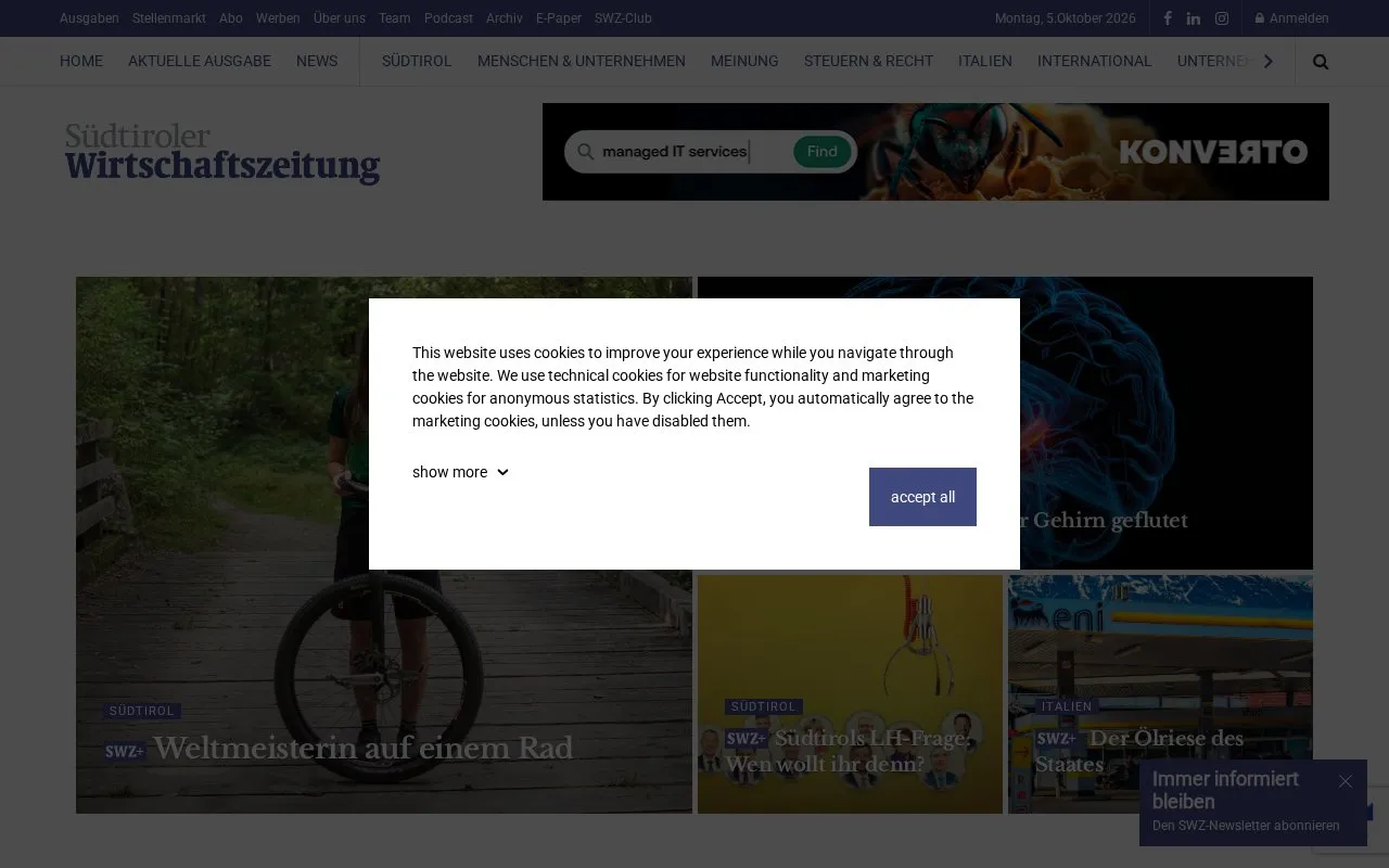 Südtiroler Wirtschaftszeitung homepage screenshot