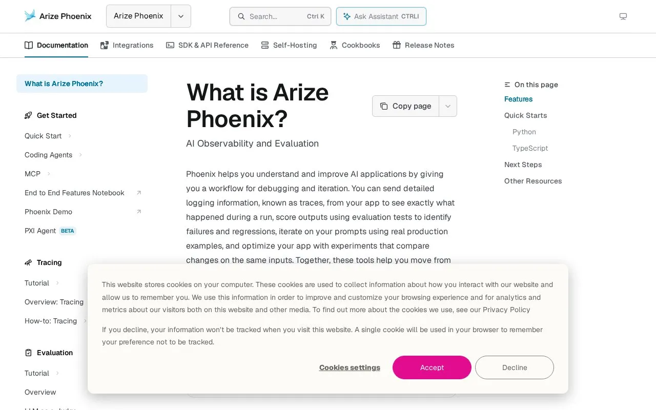 Arize-Phoenix homepage screenshot