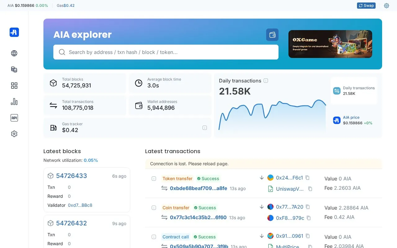 AIA Mainnet — AIA Chain Explorer Mainnet homepage screenshot