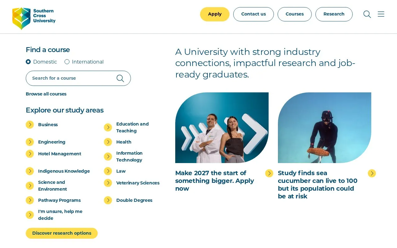 Southern Cross University homepage screenshot